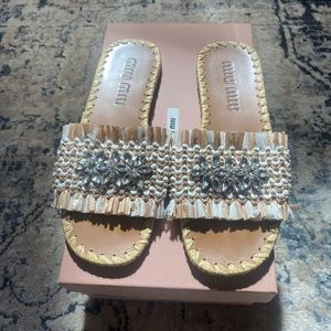 Authentic Miu Miu Crystal Raffia Slide Sandal size 38